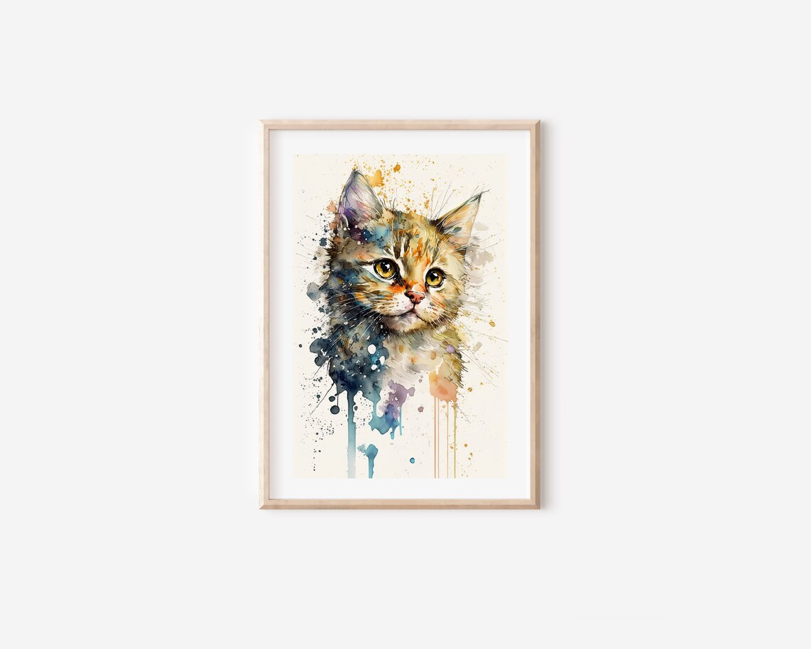Watercolor Kitten Portrait Colorful Paint Splash Cat Nursery Wall Art - Image 4