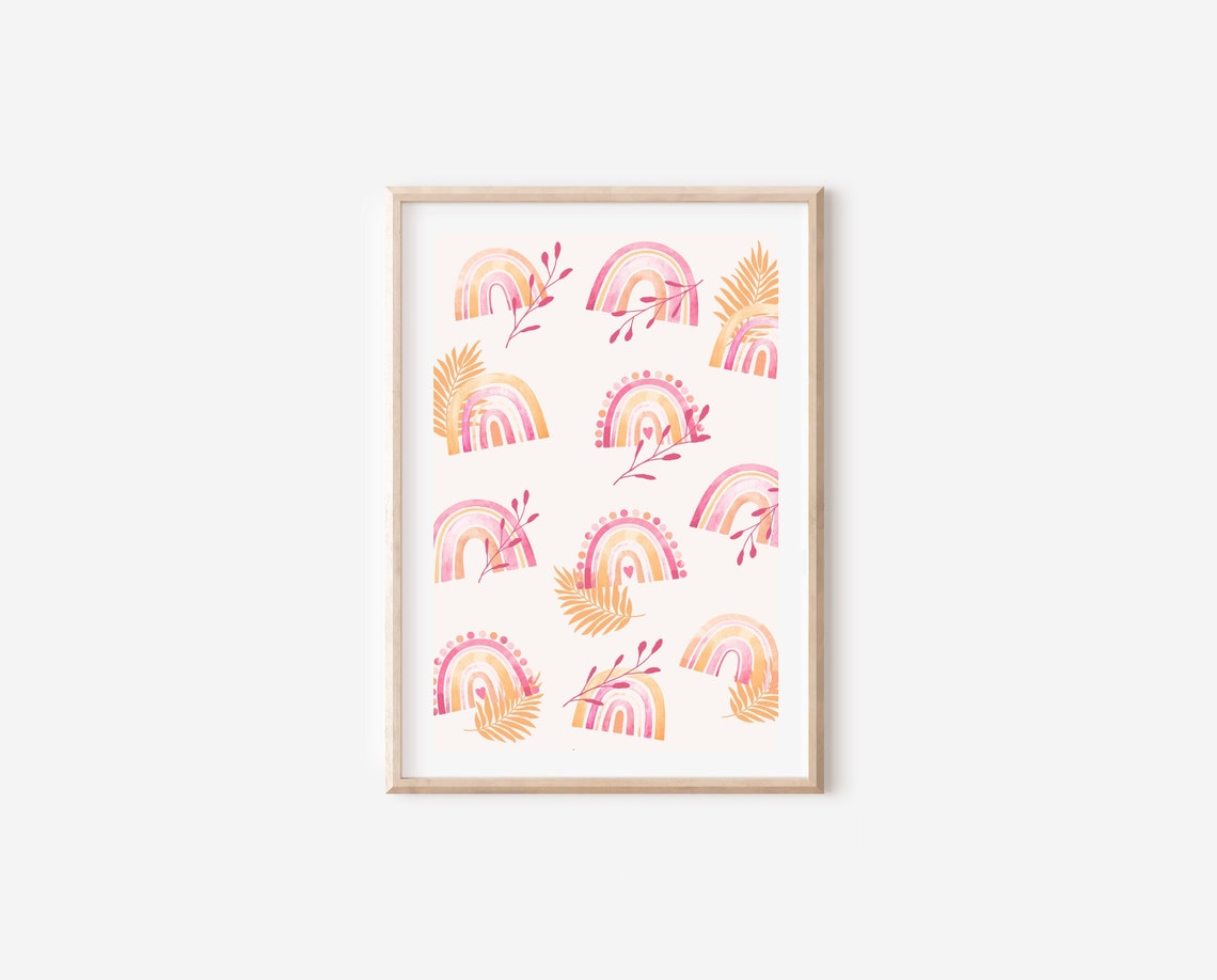 Boho Watercolor Pink Floral Rainbow Art Print - Image 4