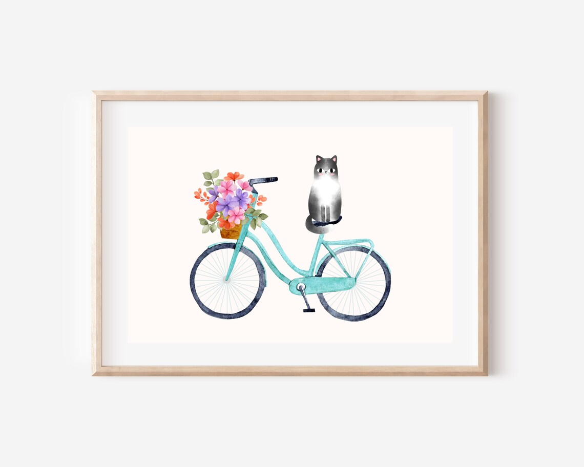 Boho Cat On Bike, Floral Watercolor Art Print - Image 4