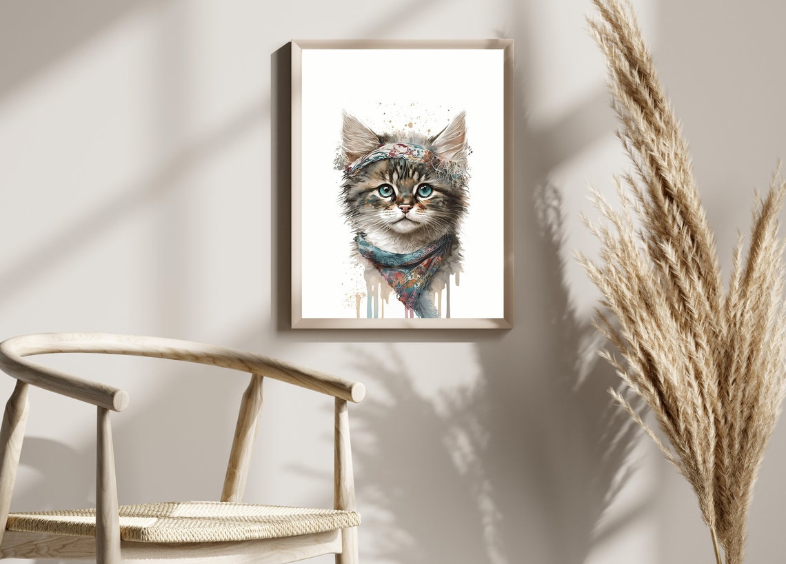 Watercolor Cat Print Boho Cat Wall Art Baby Cat Cute Baby Cat Watercolor Boho Watercolor Cat Tribal Cat Watercolor Tribal Animal - Image 2