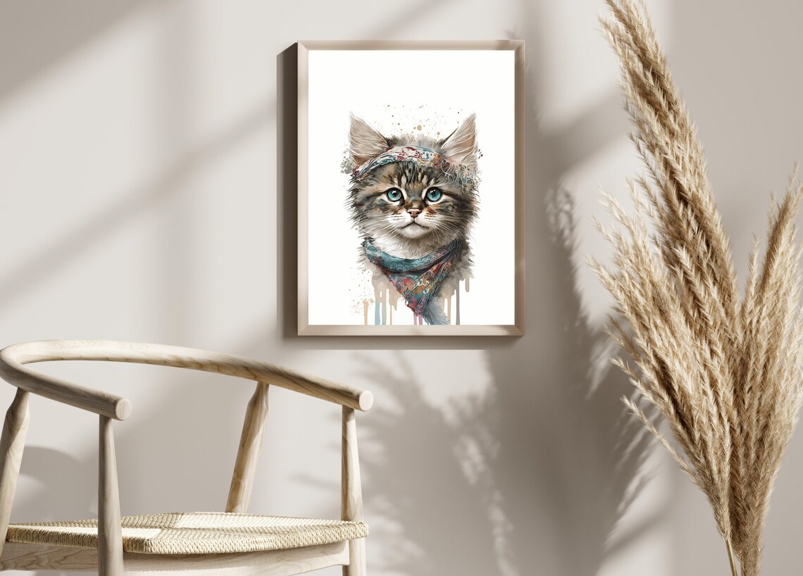 Watercolor Kitten Wearing Boho Headband Tribal Style Nursery Wall Art - Image 2