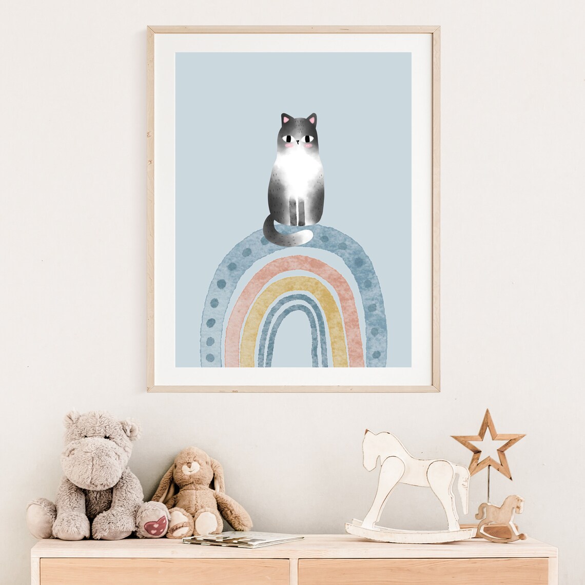 Boho Boy Nursery Cat Print, Blue Rainbow Poster - Image 2