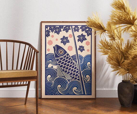 Koinobori Carp Streamer Maple Breeze Japanese Linocut Zen Poster