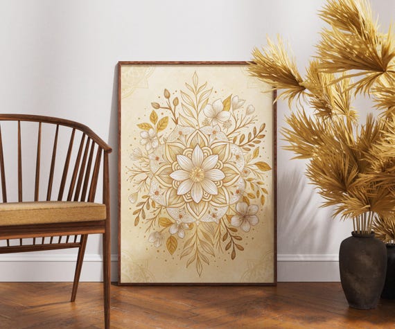 Golden Floral Mandala Print Boho Botanical Wall Art Spiritual Nature Poster Neutral Zen Decor Elegant Line Illustration