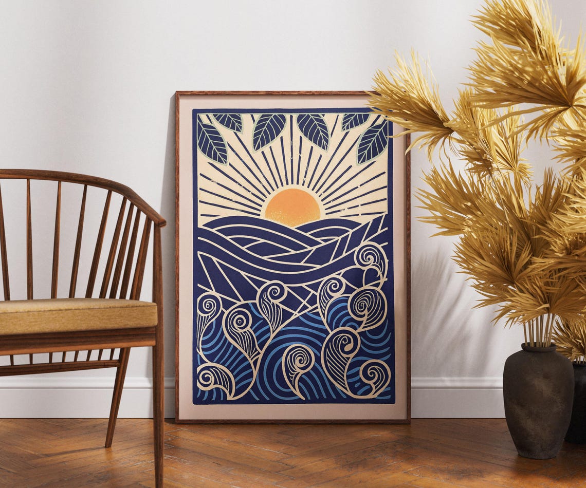 Vintage Sunset Waves Poster Linocut Ornate Ocean Art Retro Coastal Wall Decor Boho Nautical Illustration Serene Seascape Print