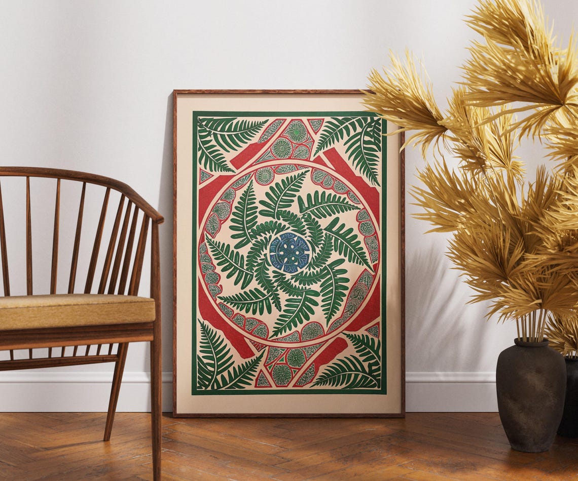 Fern Mandala Linocut Botanical Circle Zen Nature Green Poster