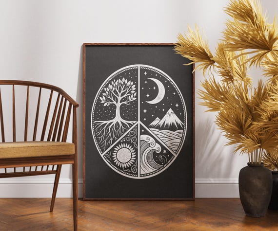 Boho Peace Symbol Art Print Black And White Nature Mandala Poster Moon Sun Tree Wave Design Spiritual Harmony Wall Decor
