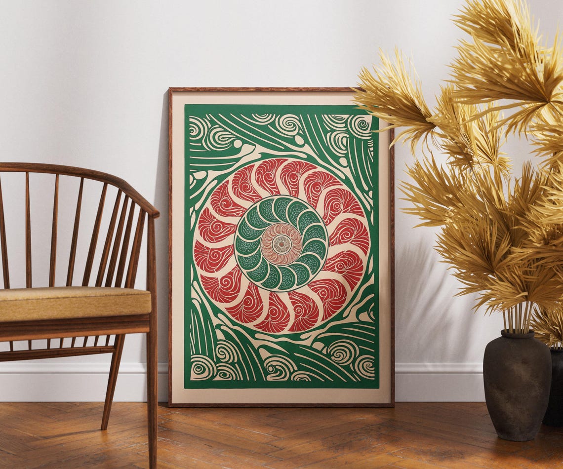 Nautilus Shell Mandala Linocut Ocean Spiral Retro Nature Poster