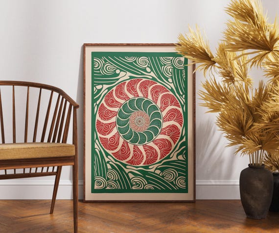 Vintage Seashell Poster Linocut Coral Mandala Art Retro Ocean Wall Decor Boho Nautical Illustration Coastal Beach Print Unique Gift