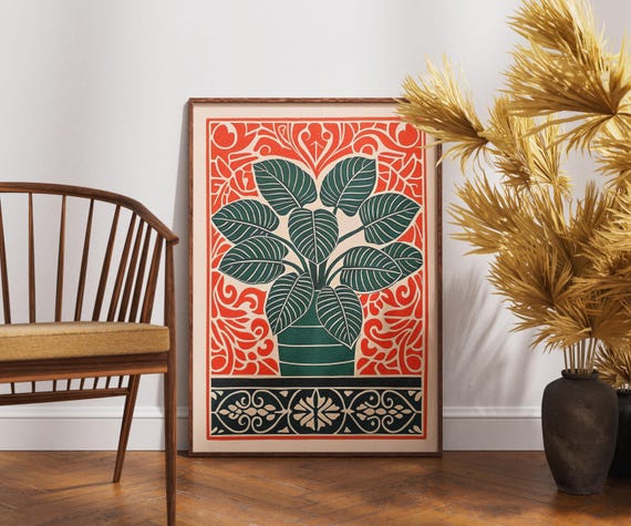 Vintage Potted Greens Poster Linocut Botanical Art Print Retro Plant Wall Decor Boho Indoor Garden Illustration Unique