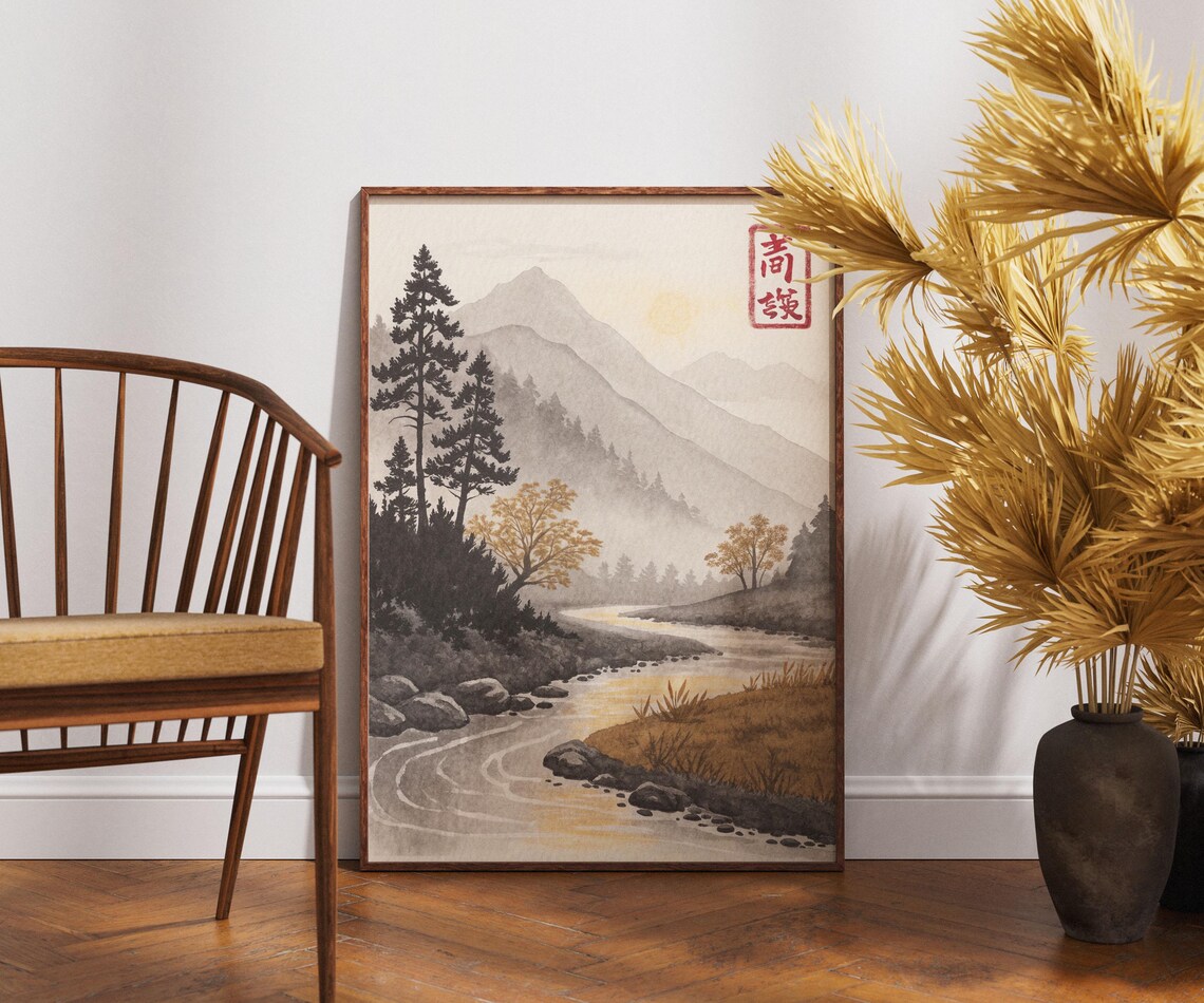 Misty Pine Forest River Golden Water Japanese Ink Wash Landscape Poster