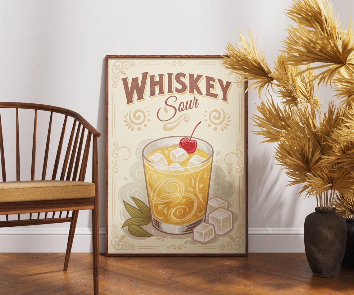 Vintage Whiskey Sour Cherry Retro Cocktail Classic Bar Drink Poster