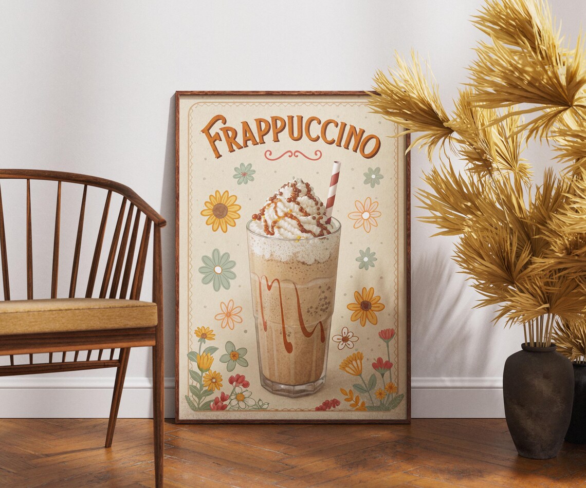 Vintage Frappuccino Caramel Drizzle Floral Retro Cafe Kitchen Poster