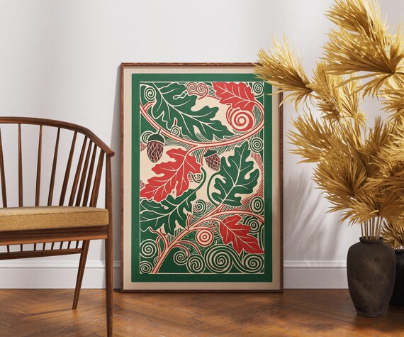 Autumn Oak Leaves Acorns Retro Linocut Fall Foliage Decor Poster