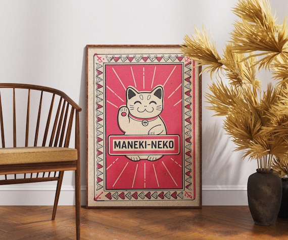 Maneki Neko Lucky Cat Red Matchbox Retro Japanese Fortune Poster