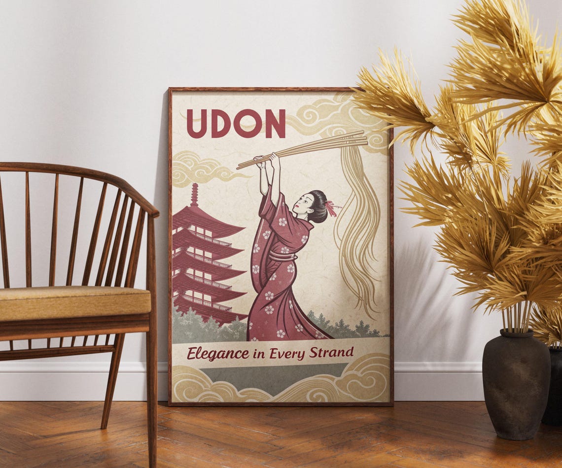 Udon Elegance Japanese Noodle Geisha Pagoda Retro Food Poster