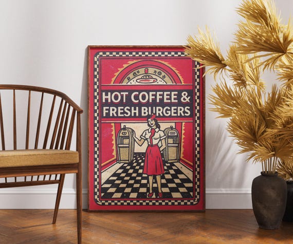 Vintage Diner Poster Retro 1950s Coffee Burgers Print Americana Matchbox Art Classic Waitress Illustration Rockabilly Decor