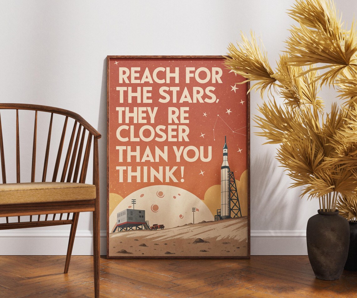 Reach for the Stars Retro Rocket Vintage Space Quote Travel Poster