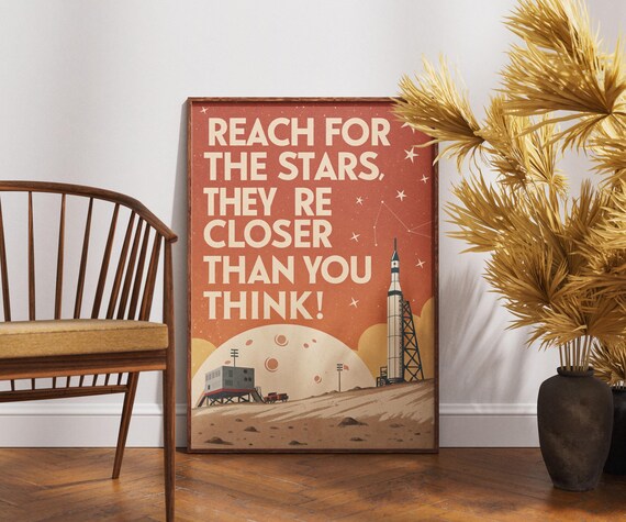 Reach for the Stars Retro Rocket Vintage Space Quote Travel Poster