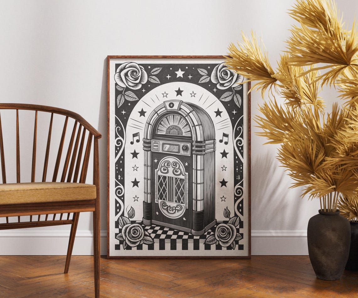 Retro Jukebox Black and White 50s Rockabilly Diner Music Poster