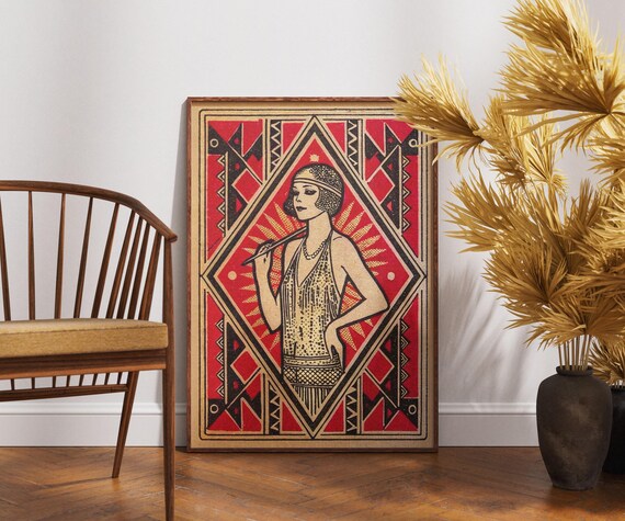 Vintage 1920s Flapper Girl Art Deco Matchbox Style Illustration Poster