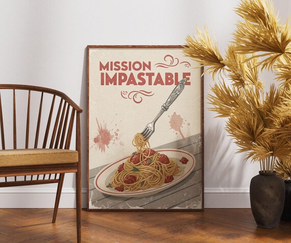 Mission Impastable Poster Funny Pasta Kitchen Art Retro Italian Food Decor Vintage Cooking Print Trending Wall