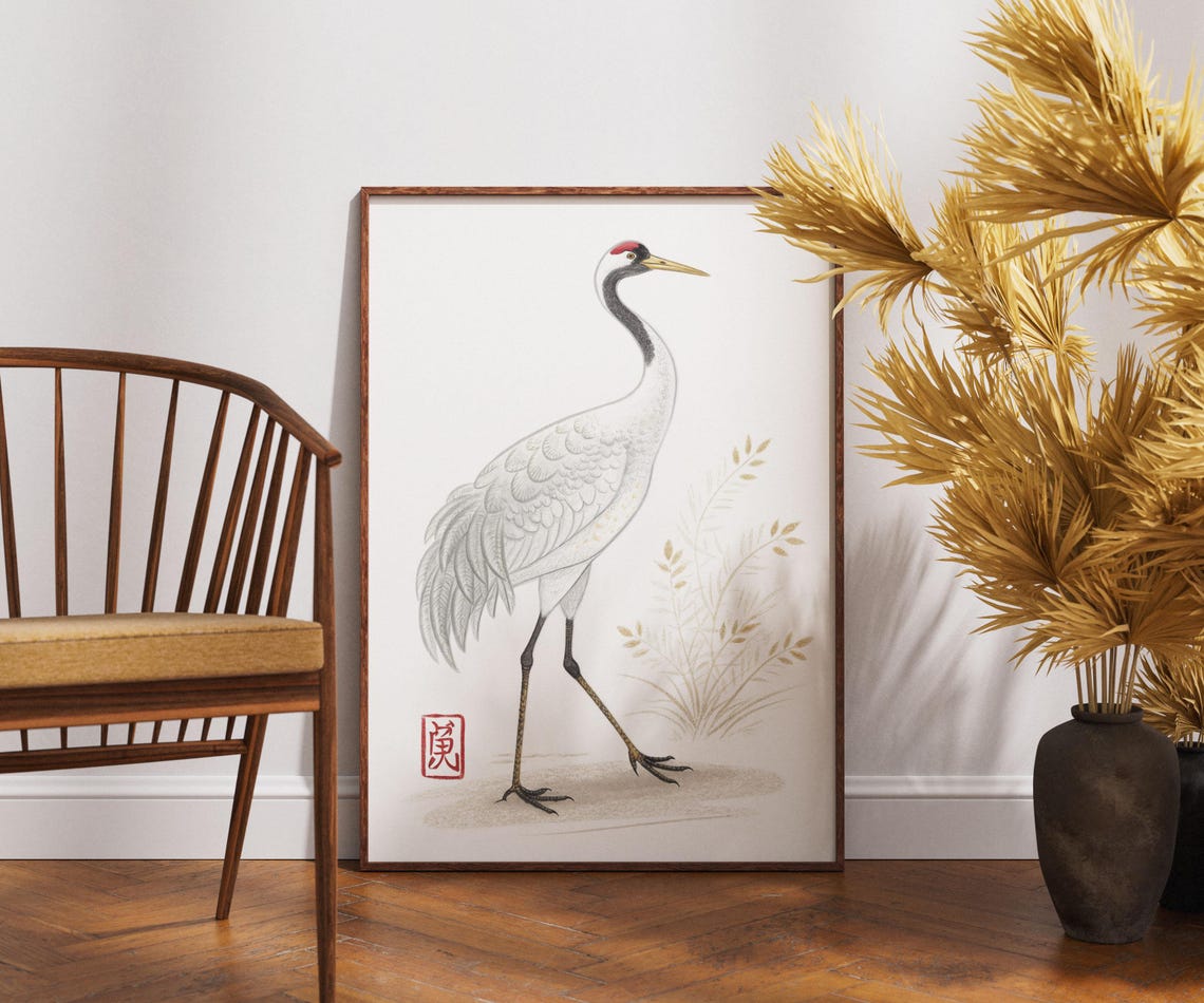 Japanese Red Crowned Crane Poster Elegant Minimalist Gold Zen Art