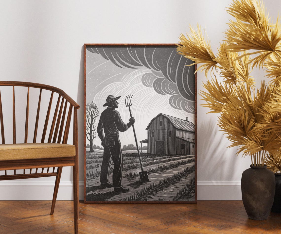 Farmer With Pitchfork In Field By Barn Stormy Sky Black White Poster