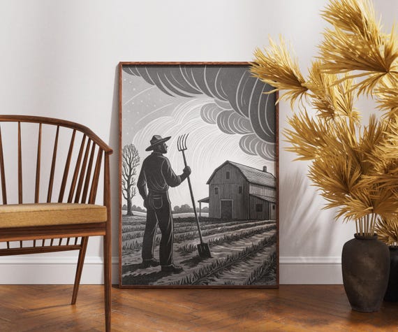 Farmer Wall Art Rural Farm Scene Print Black And White Barn Illustration Americana Decor Vintage Countryside Poster Gift