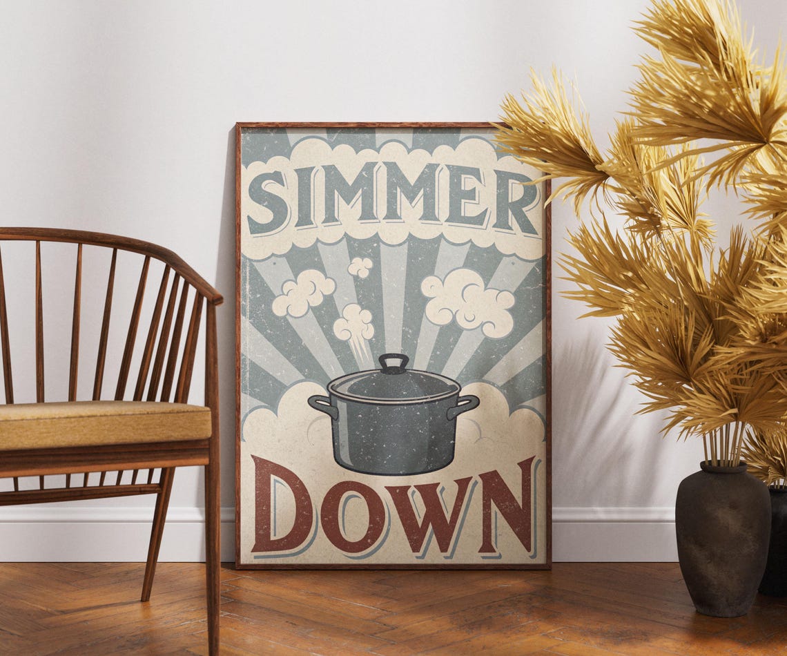Simmer Down Steaming Stockpot Clouds Vintage Kitchen Quote Art Poster