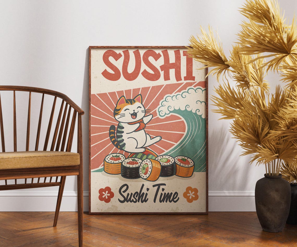 Sushi Time Cat Maki Rolls Wave Cute Retro Japanese Kitchen Poster