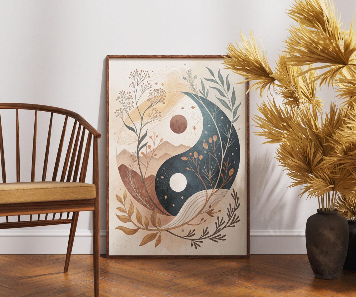 Yin Yang Nature Earthy Botanical Zen Boho Sun Moon Balance Art Poster