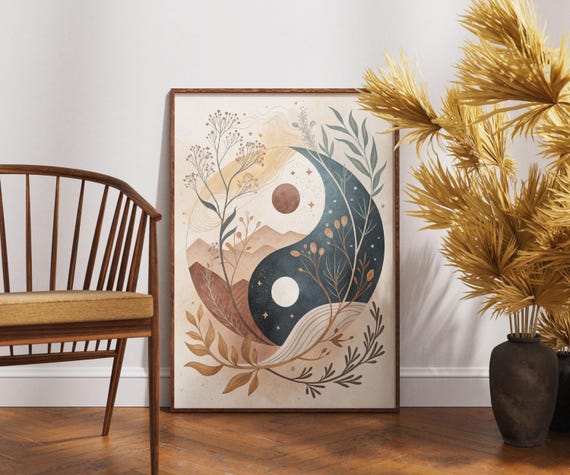 Yin Yang Nature Wall Art Earthy Botanical Balance Print Zen Boho Decor Spiritual Poster Harmony Landscape