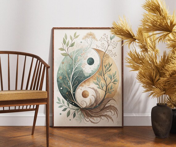 Botanical Yin Yang Watercolor Earthy Balance Zen Boho Harmony Poster