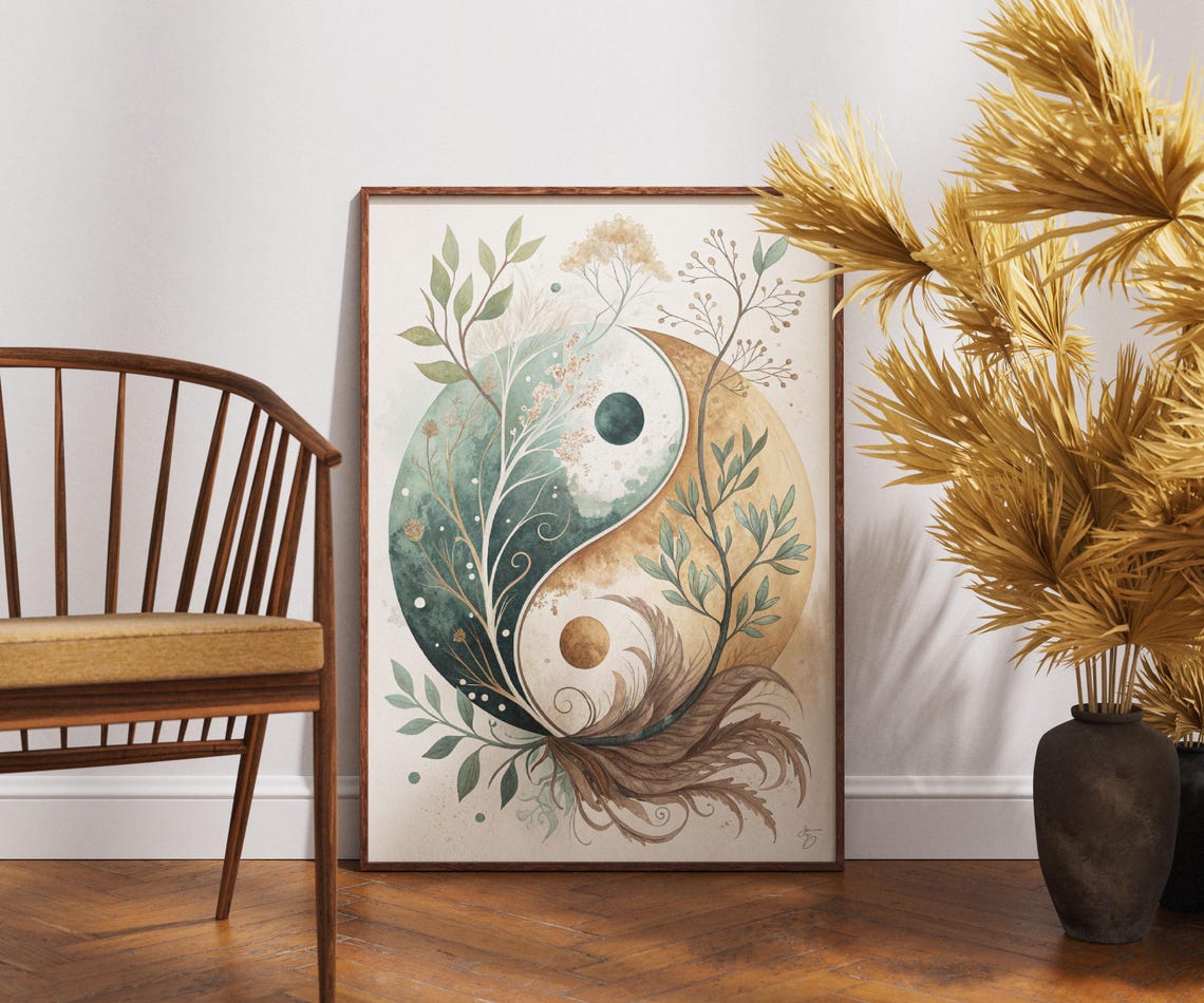 Botanical Yin Yang Watercolor Earthy Balance Zen Boho Harmony Poster