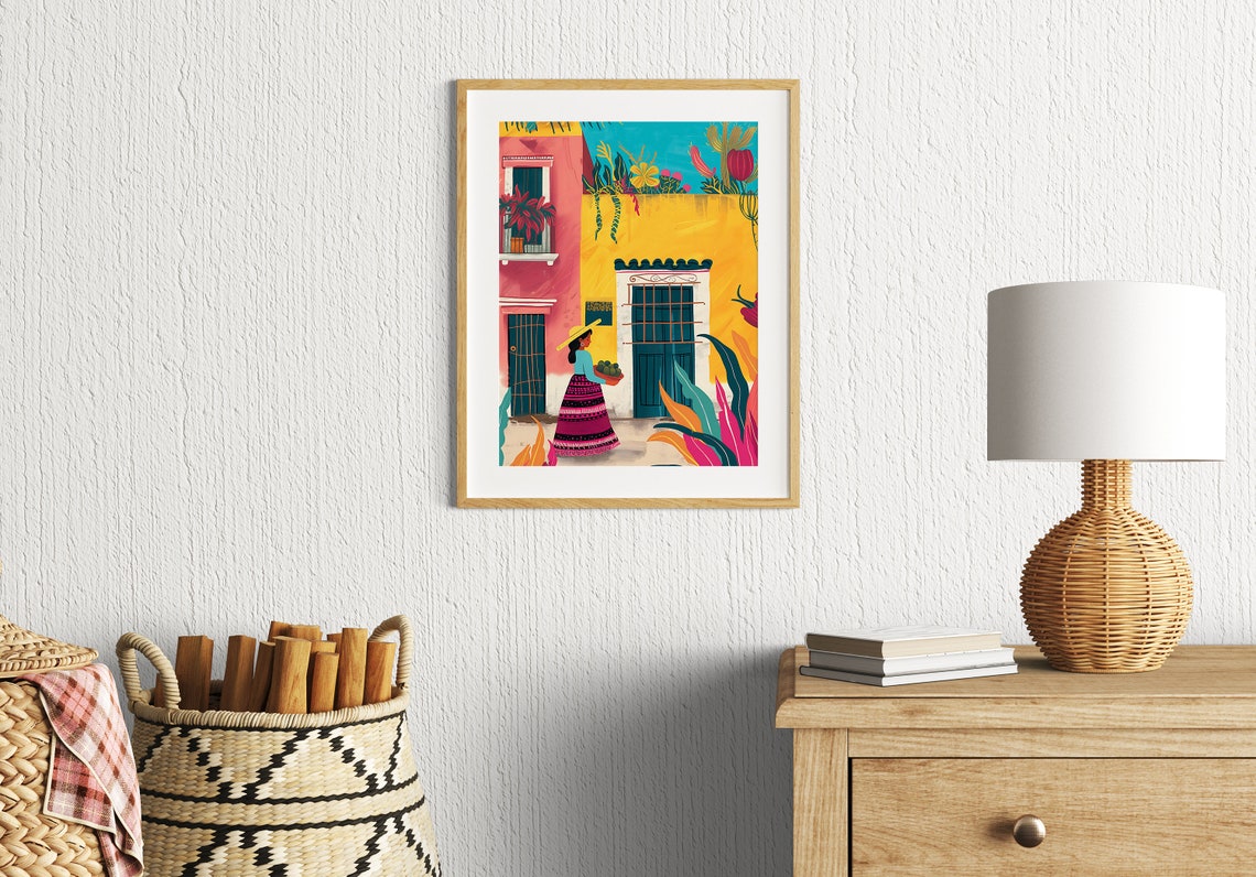 Mexican Street Scene Woman With Fruit Colorful Houses Art Print - Image 3