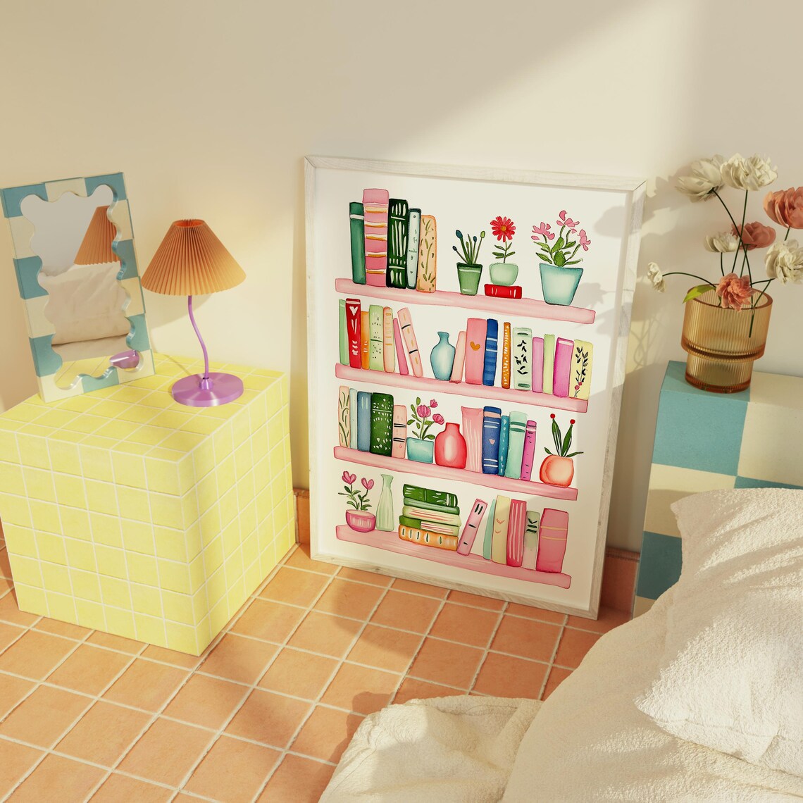 Cozy Watercolor Bookshelf With Colorful Books And Plants Poster - Image 2