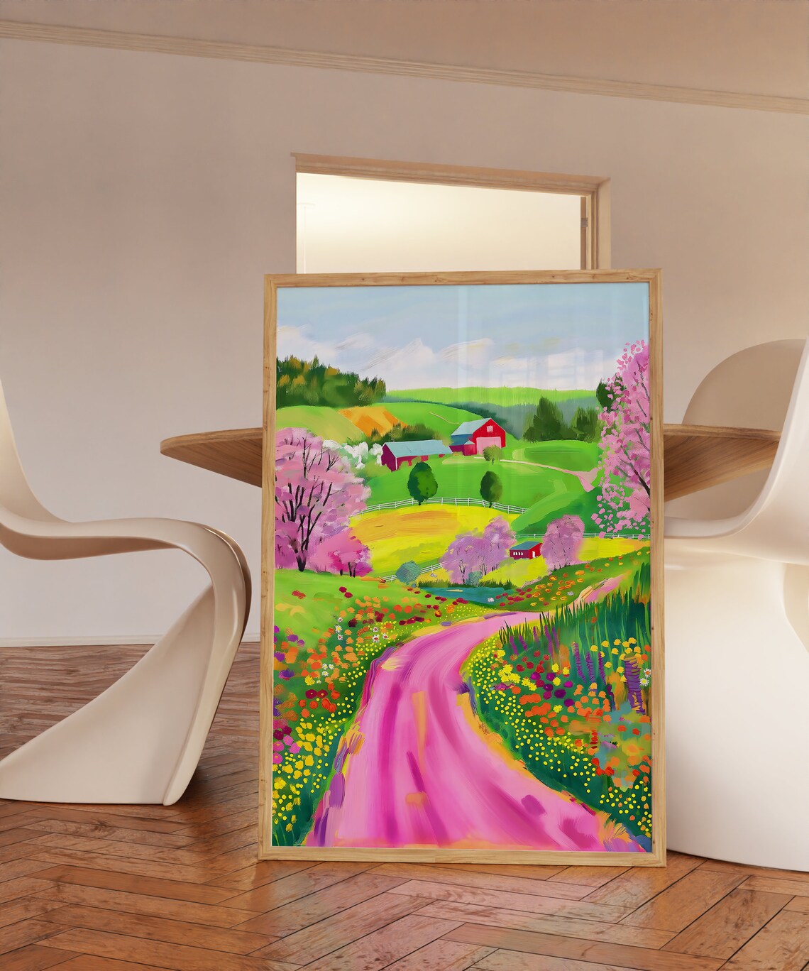 Whimsical Pink Country Road Farm Barn Wildflower Fields Poster - Image 2