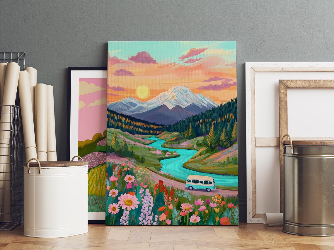 Abstract Mountain Wildflower Valley Camper Van Sunset Art Poster - Image 2