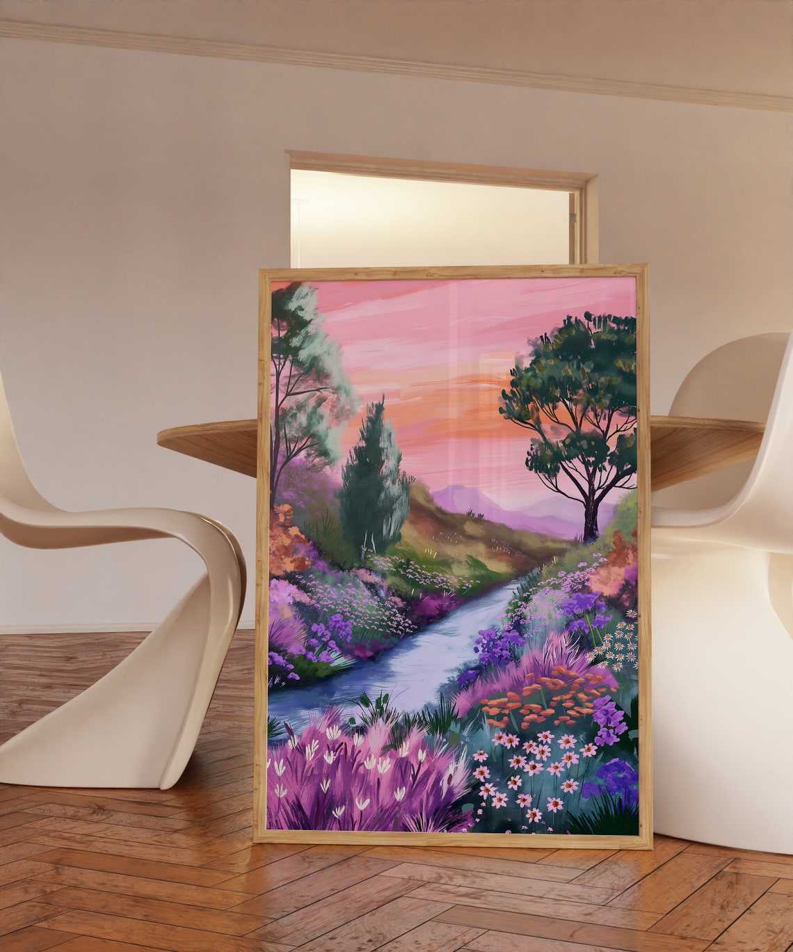 Pink Sunset River Winding Through A Wildflower Meadow Art Print - Image 3