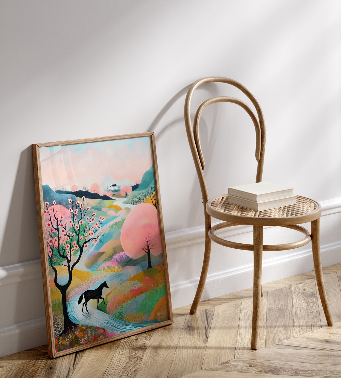 Spring Meadow Horse Drawing, Vibrant Landscape Art Print - Image 3