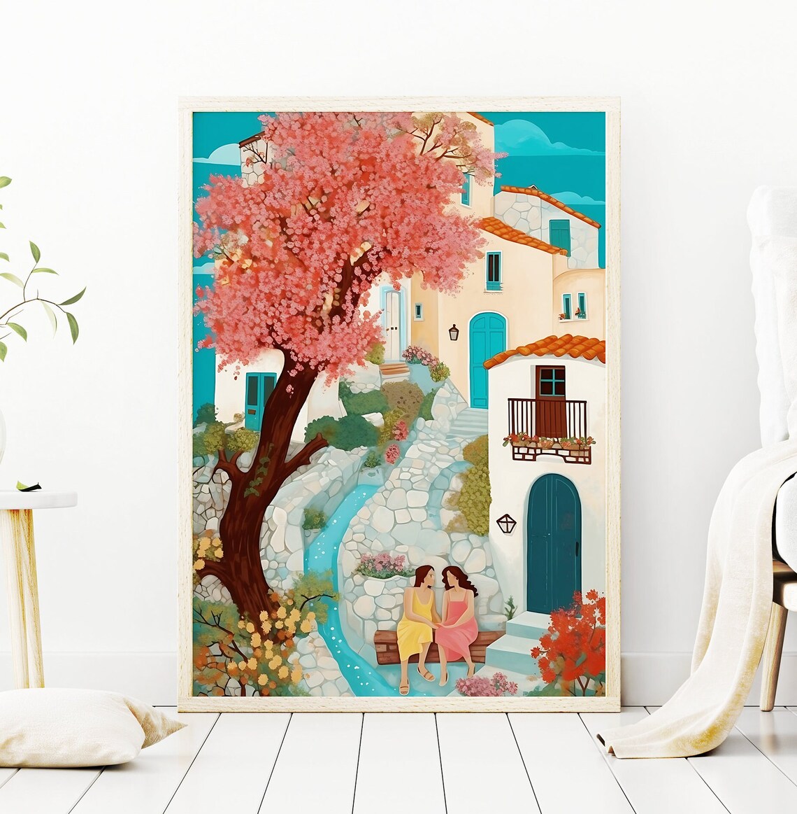Greek Village Pink Blossom Tree Two Women Chatting Spring Poster