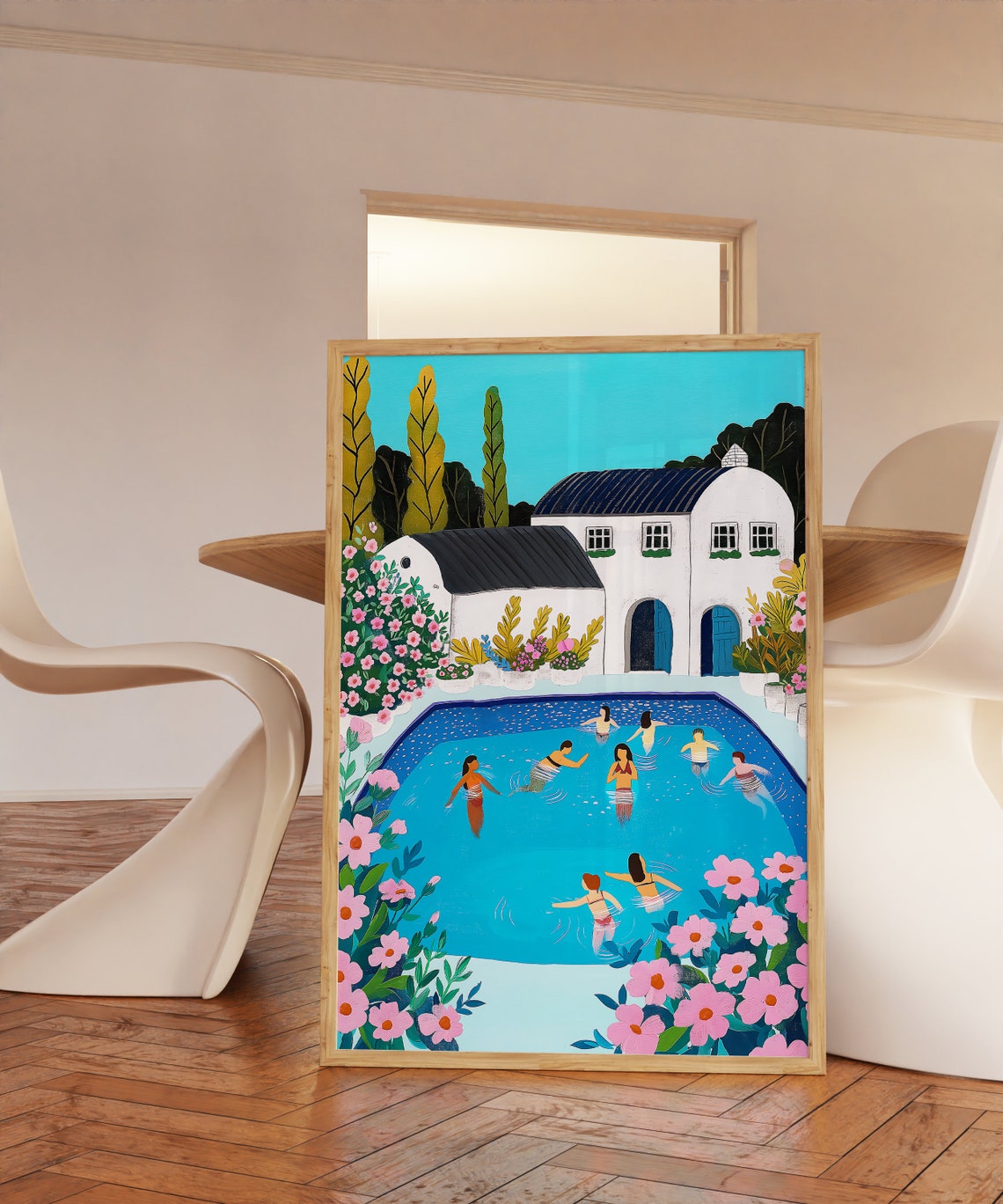 Poolside Summer Swimmers Villa Pink Flowers Illustration Print