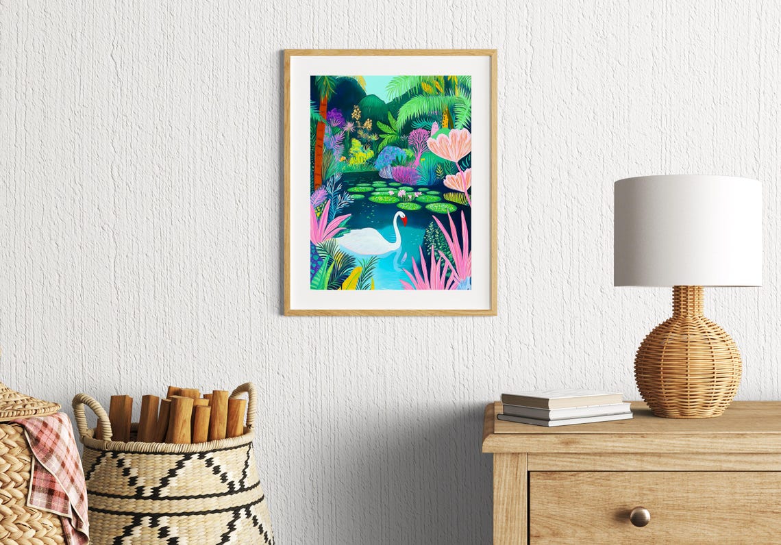 White Swan In A Lush Tropical Jungle Pond Illustration Poster - Image 3