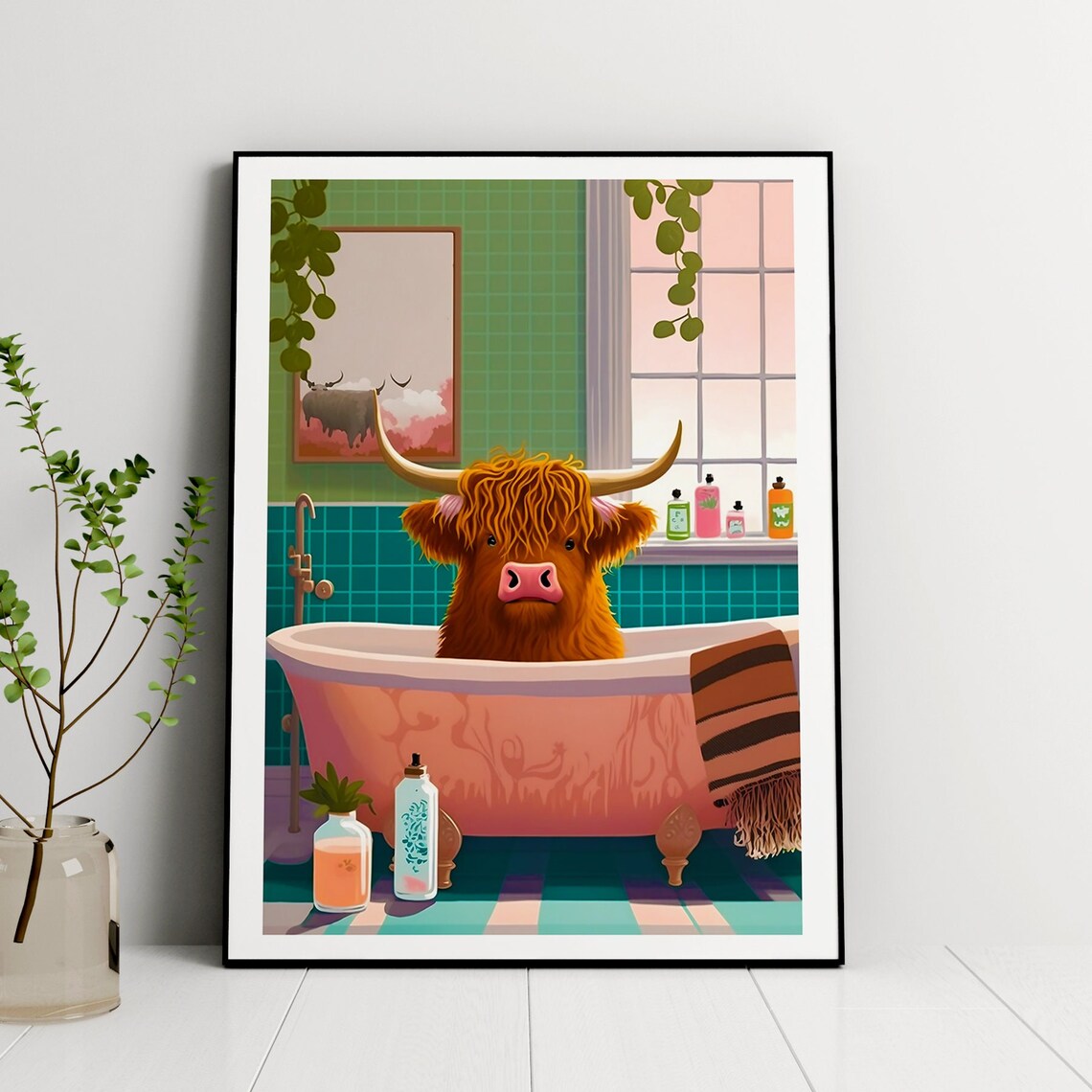 Highland Cow In Bathtub Bathroom Art Print