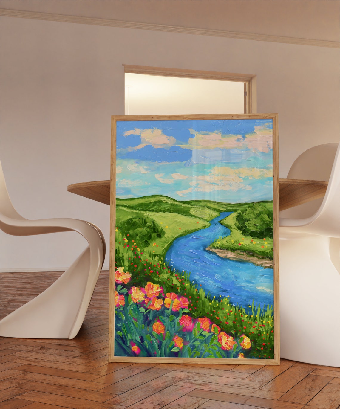 Blue River Through Green Hills Orange Poppies Landscape Poster - Image 2