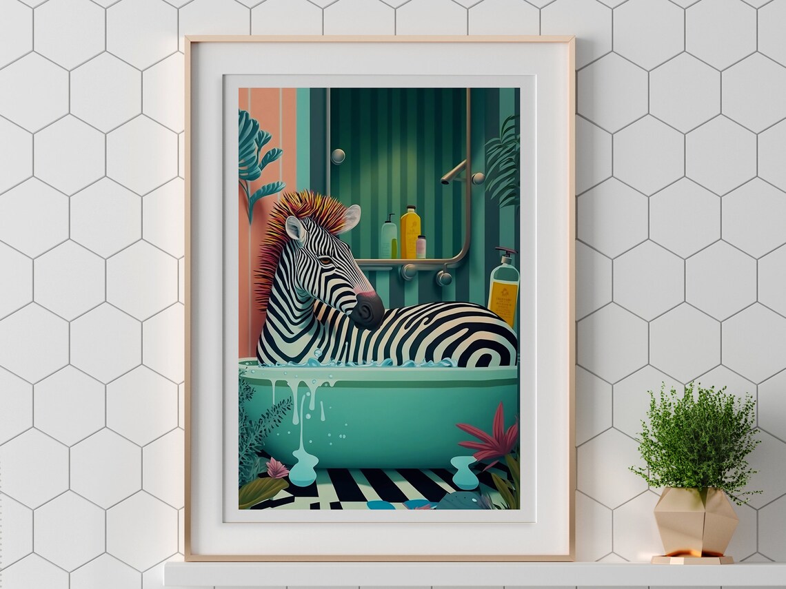Cute Zebra In A Tub Maximalist Bathroom Art Print - Image 2