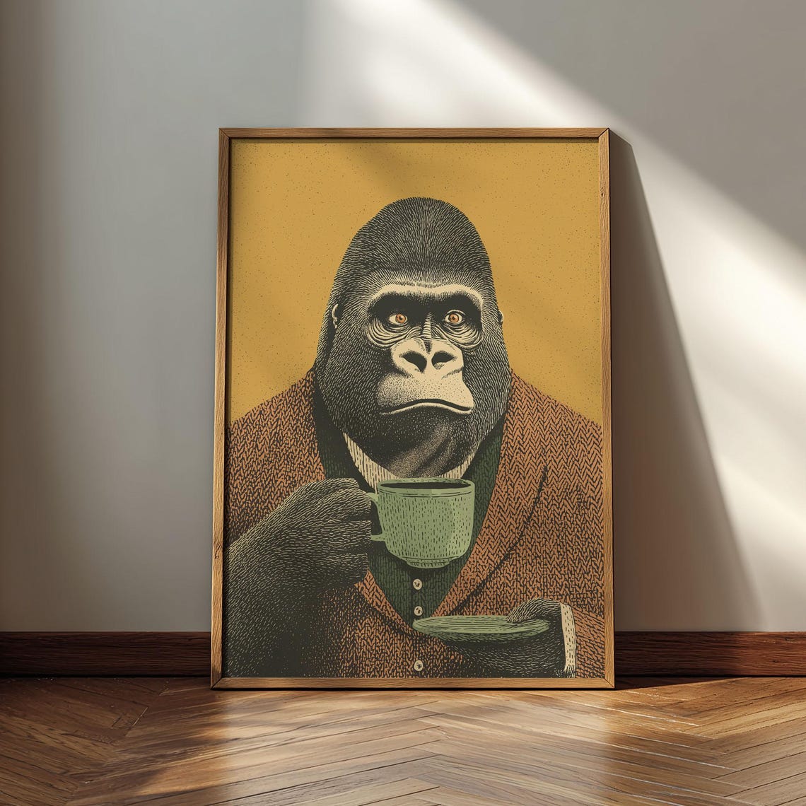 Gorilla Drinking Coffee Poster Anthropomorphic Animal Print