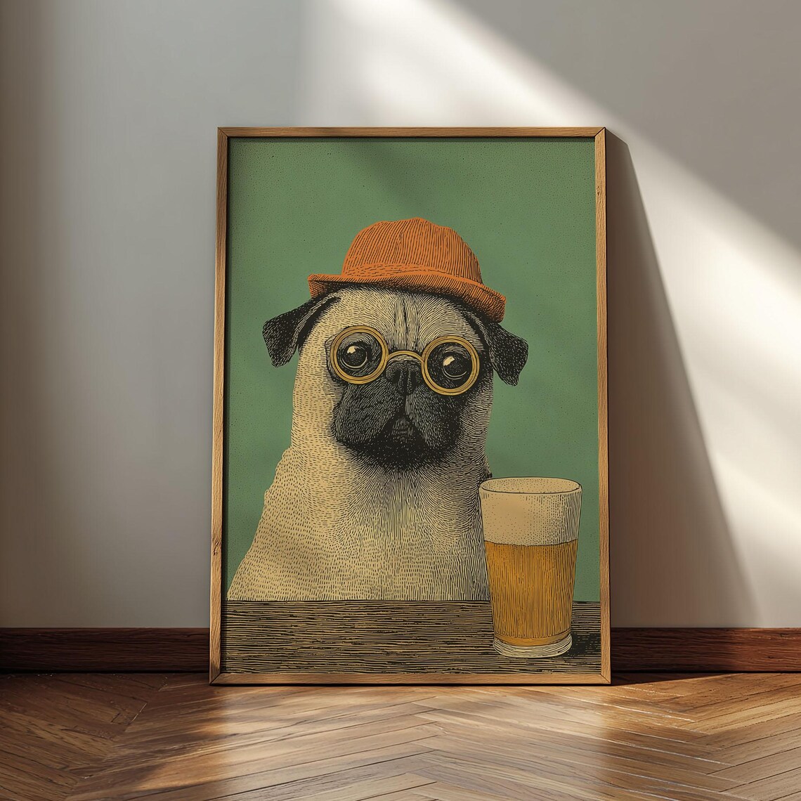 Pug Drinking Beer Retro Animal Poster Print