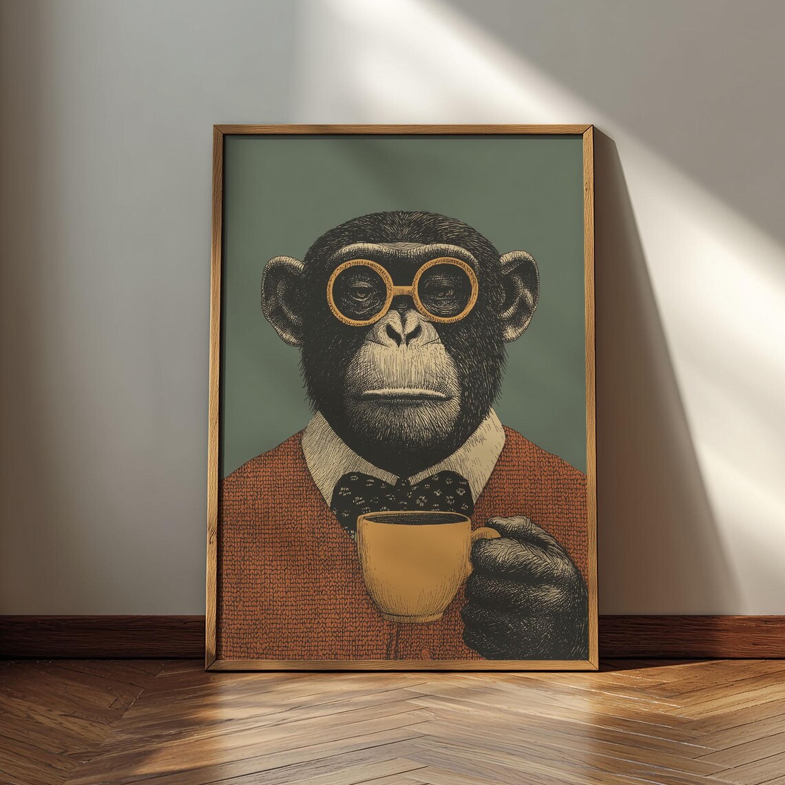 Chimpanzee Drinking Coffee, Vintage Animal Poster